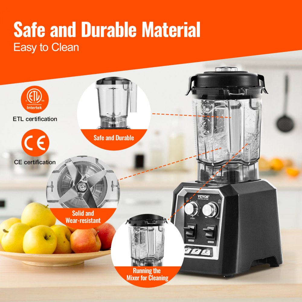 VEVOR Professional Blender, Commercial Countertop Blenders, 68 oz Plastic Jar Blender Combo, Stainless Steel 3 Functions Blender, for Frozen Drinks, Shakes, Smoothies, Peree, and Crush Ice, Black