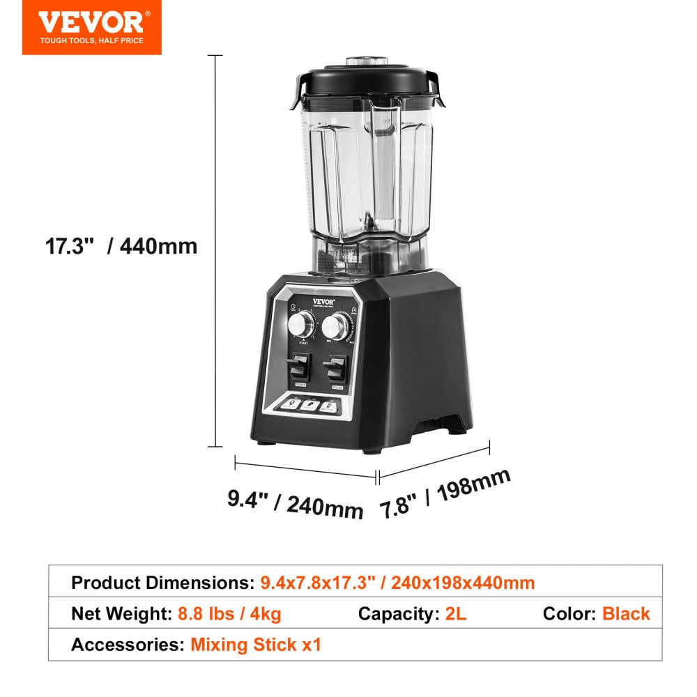 VEVOR Professional Blender, Commercial Countertop Blenders, 68 oz Plastic Jar Blender Combo, Stainless Steel 3 Functions Blender, for Frozen Drinks, Shakes, Smoothies, Peree, and Crush Ice, Black