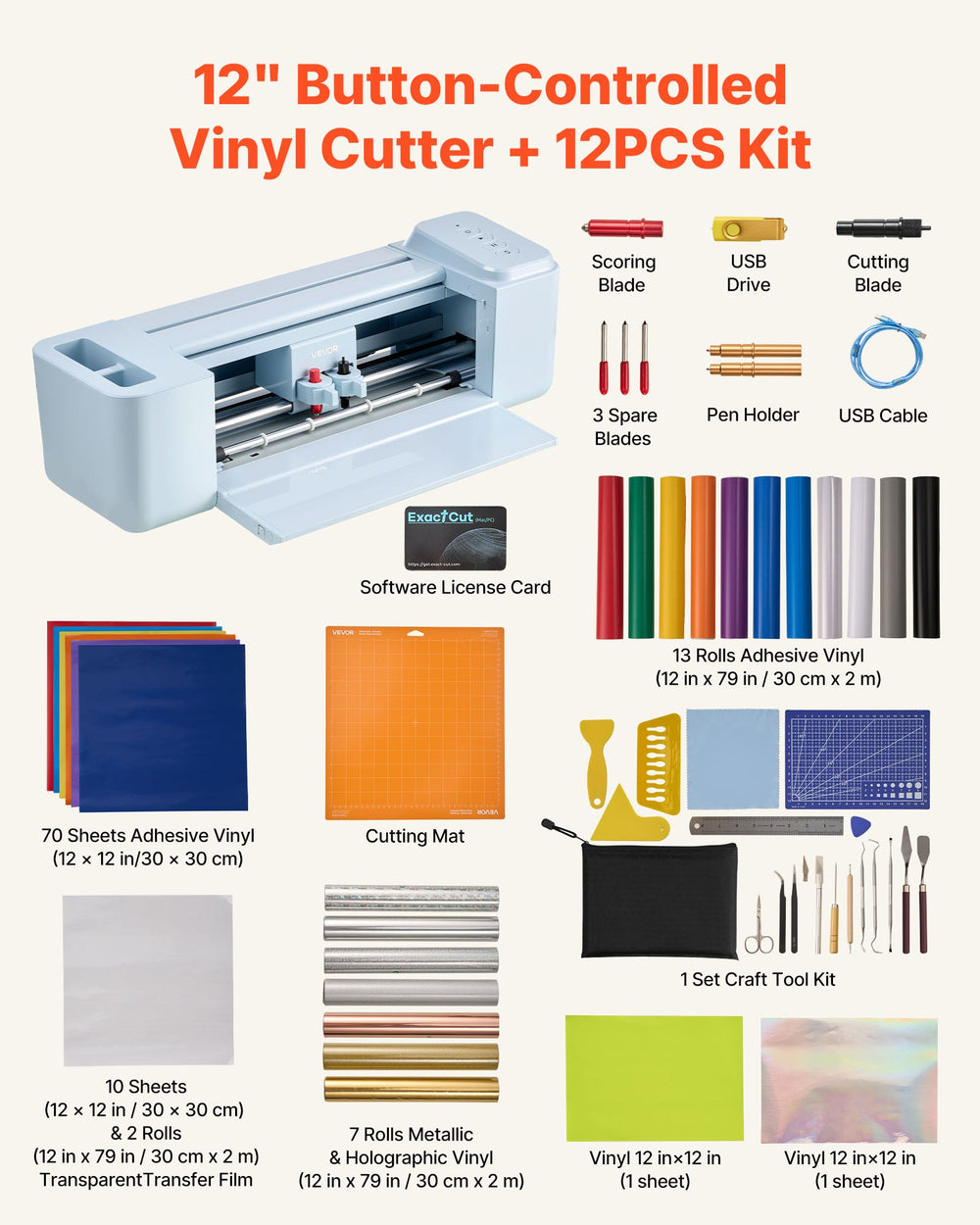 VEVOR 12 in button-controlled vinyl cutter + 12PCS kit - bundle contents overview