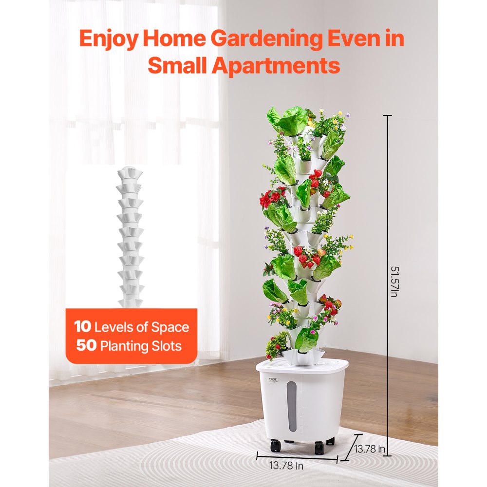 VEVOR Hydroponic Growing System, 50 Pods Vertical 10 Tiers Hydroponic Tower, Rolling Hydronic Garden with Water Pump & Wheels, Indoor Plants Germination Kit for Herbs Fruits & Vegetables