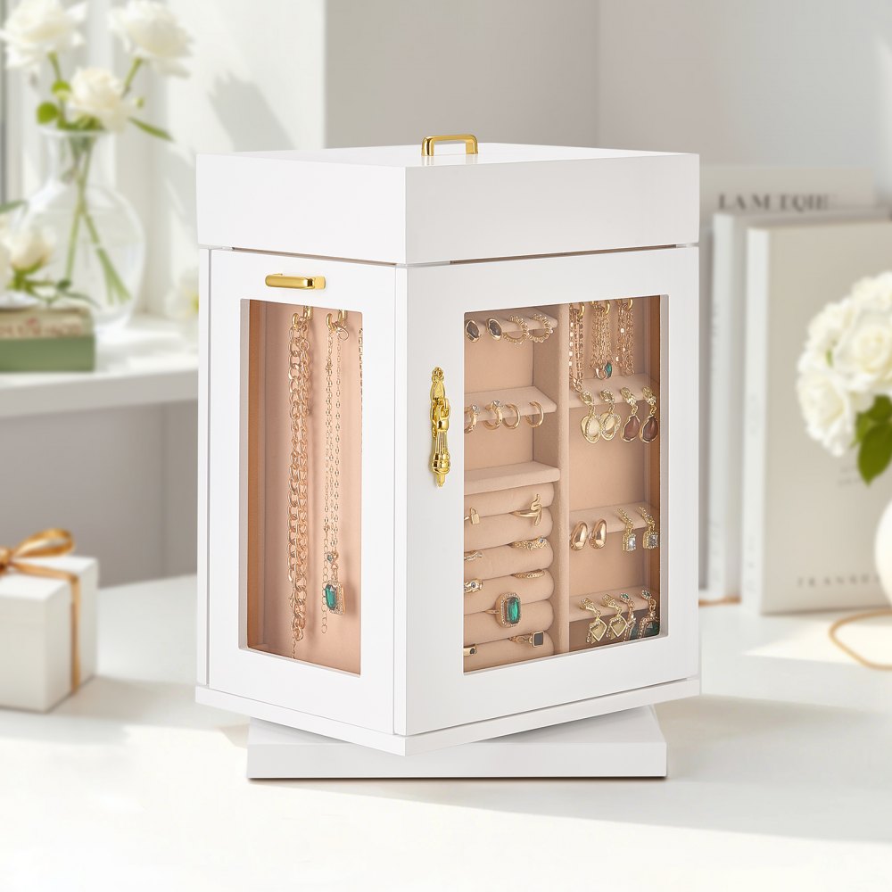 VEVOR Jewelry Box, 360° Rotating Jewelry Organizer with Magnetic Door, Acrylic Window and Built-in 4 Necklace Hooks, Spacious Storage Case with Metal Handles, Bottom Pad and Soft Flannel Lining, White