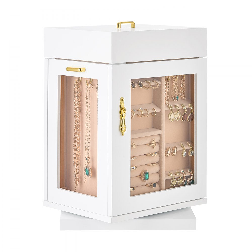 VEVOR Jewelry Box, 360° Rotating Jewelry Organizer with Magnetic Door, Acrylic Window and Built-in 4 Necklace Hooks, Spacious Storage Case with Metal Handles, Bottom Pad and Soft Flannel Lining, White
