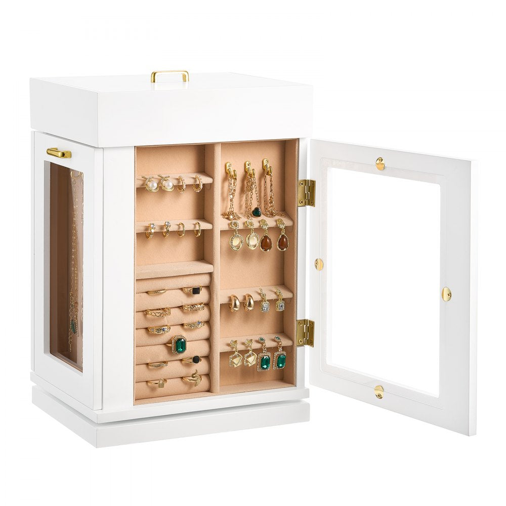 VEVOR Jewelry Box, 360° Rotating Jewelry Organizer with Magnetic Door, Acrylic Window and Built-in 4 Necklace Hooks, Spacious Storage Case with Metal Handles, Bottom Pad and Soft Flannel Lining, White