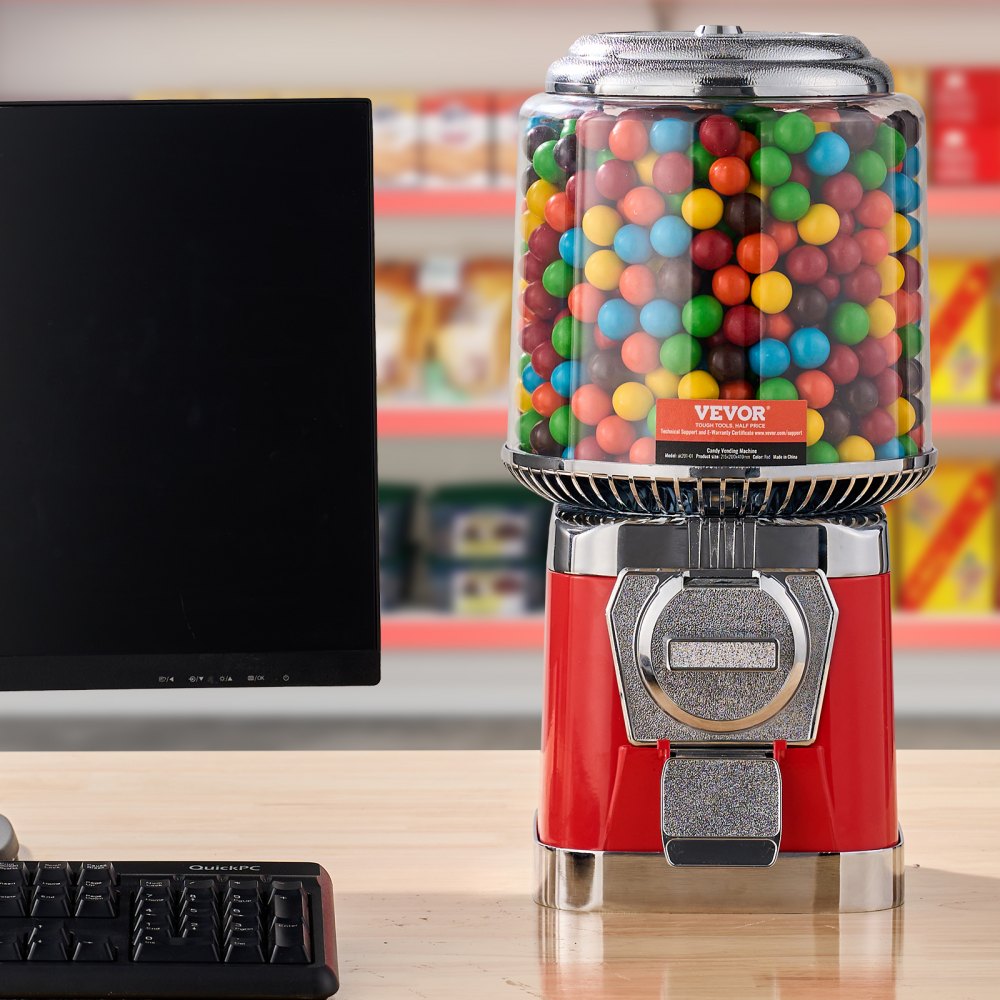 VEVOR Gumball Machine for Kids, 16"H Home Candy Vending Machine, PC Round Gumball Dispenser, Bubble Gum Machine for Game Stores, Coin Operated Gumball Bank for Toy Capsules Bouncy Balls Candy, Red