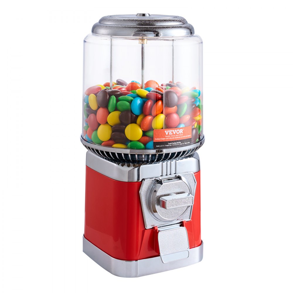 VEVOR Gumball Machine for Kids, 16"H Home Candy Vending Machine, PC Round Gumball Dispenser, Bubble Gum Machine for Game Stores, Coin Operated Gumball Bank for Toy Capsules Bouncy Balls Candy, Red