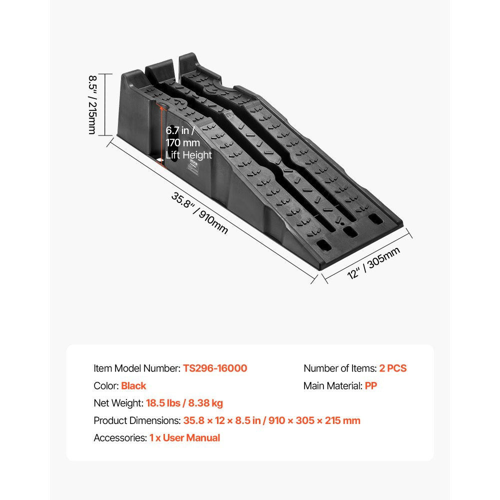 VEVOR Car Ramps, 2 PCS 16000 lbs GVW Capacity, 6.7 in Lift Height, Portable High Profile Car Service Ramps for Home Garage Maintenance and Oil Changes, Heavy Duty for Truck SUV Vehicle Repair, Black
