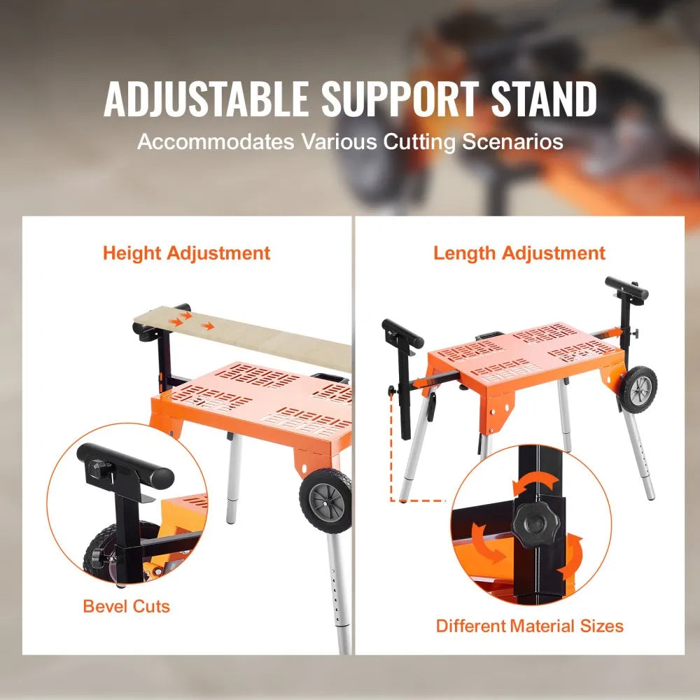 VEVOR Miter Saw Stand with Tabletop and Wheels, 330lbs Load Capacity Steel Collapsible Rolling Stand for Miter Saw, Adjustable Height and Length, Portable Compact and Folding Miter Saw Stand