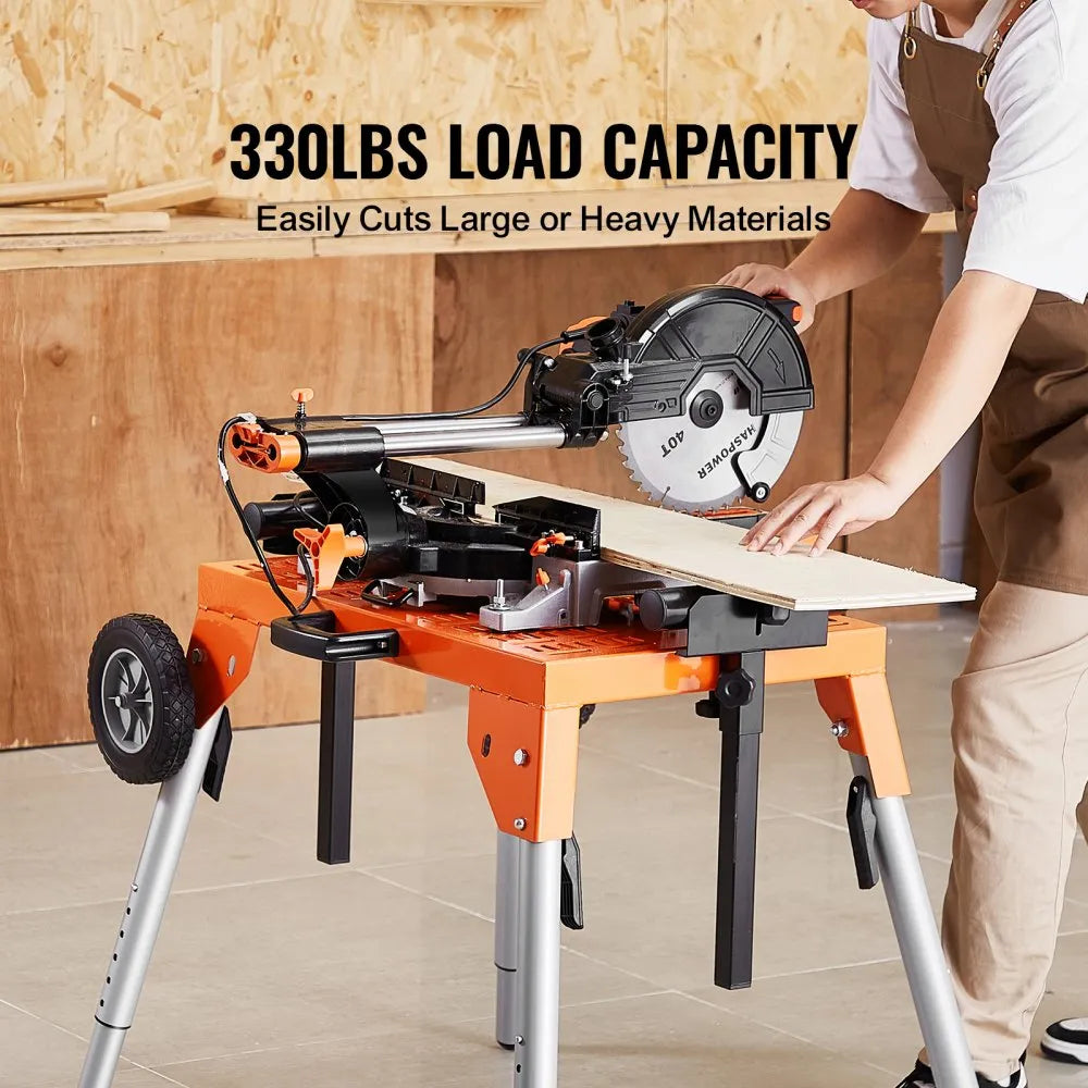 VEVOR Miter Saw Stand with Tabletop and Wheels, 330lbs Load Capacity Steel Collapsible Rolling Stand for Miter Saw, Adjustable Height and Length, Portable Compact and Folding Miter Saw Stand
