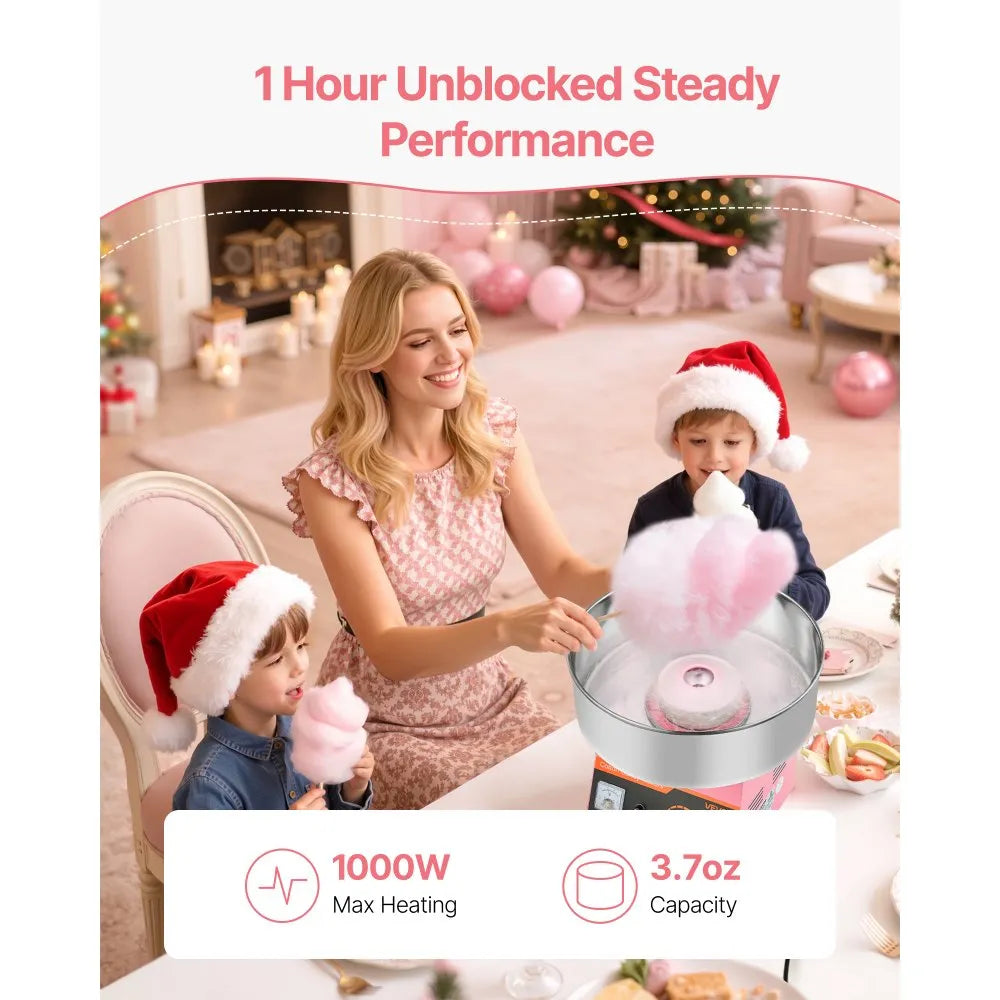 VEVOR Cotton Candy Machine Commercial, 1000W Electric Candy Floss Maker, Easy Use with 15 inch Stainless Steel Bowl and Sugar Scoop, Makes Hard Candy for Home Kids Birthday, Family Party, Pink