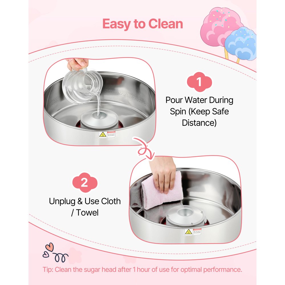 VEVOR Cotton Candy Machine Commercial, 1000W Electric Candy Floss Maker, Easy Use with 15 inch Stainless Steel Bowl and Sugar Scoop, Makes Hard Candy for Home Kids Birthday, Family Party, Pink