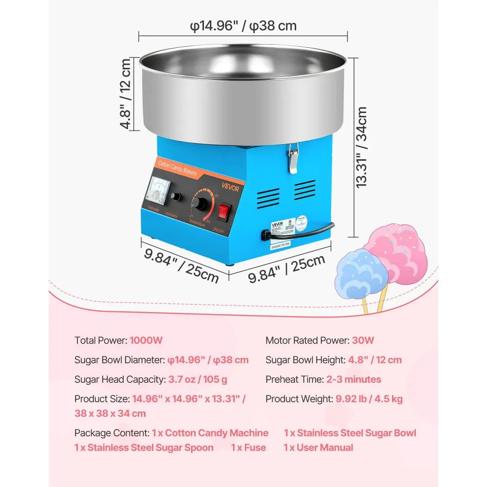 VEVOR Cotton Candy Machine Commercial, 1000W Electric Candy Floss Maker, Easy Use with 15 inch Stainless Steel Bowl and Sugar Scoop, Makes Hard Candy for Home Kids Birthday, Family Party, Blue