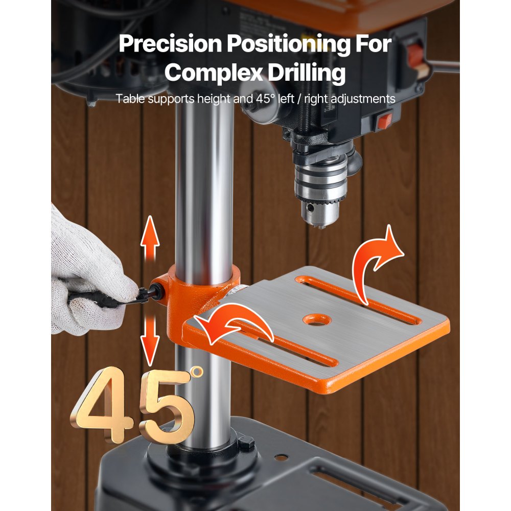 VEVOR 8 in Benchtop Drill Press, 2.5A Induction Motor, Tabletop Drilling Machine with 620 / 1140 / 1740 / 2340 / 3100 RPM Adjustable Speed, 0-45° Tilting Worktable, LED Work Light, for Wood Metal
