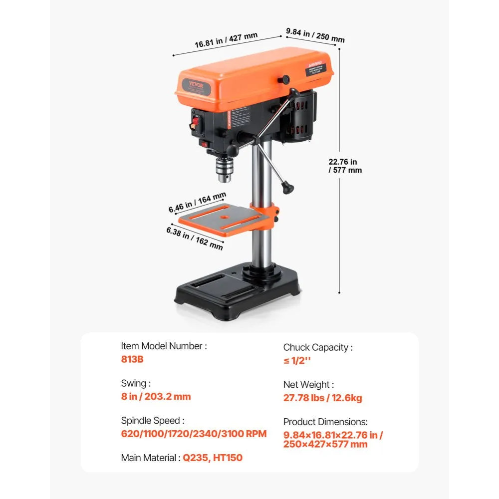 VEVOR 8 in Benchtop Drill Press, 2.5A Induction Motor, Tabletop Drilling Machine with 620 / 1140 / 1740 / 2340 / 3100 RPM Adjustable Speed, 0-45° Tilting Worktable, LED Work Light, for Wood Metal