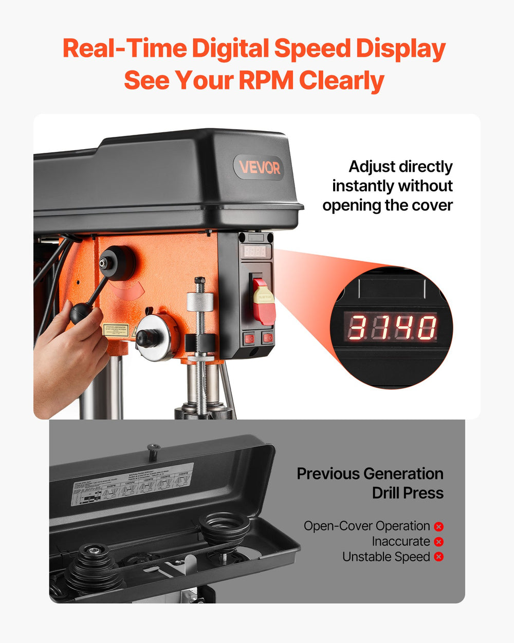 VEVOR 12-Inch Benchtop Drill Press, 6.2 Amp, 1 HP Bench Drill Press, 530 to 3140 RPM Variable Speed, 0-45° Tilting Worktable, with Laser and LED Work Light, Tabletop Drilling Machine, for Wood Metal