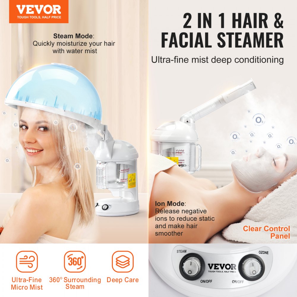 VEVOR Hair Steamer, 2-in-1 Professional Hair & Facial Steamer with Detachable Bonnet Hood, Nano Ionic & UV Ozone Face Steamer with 360° Rotatable Sprayer for Salon Spa Home Beauty