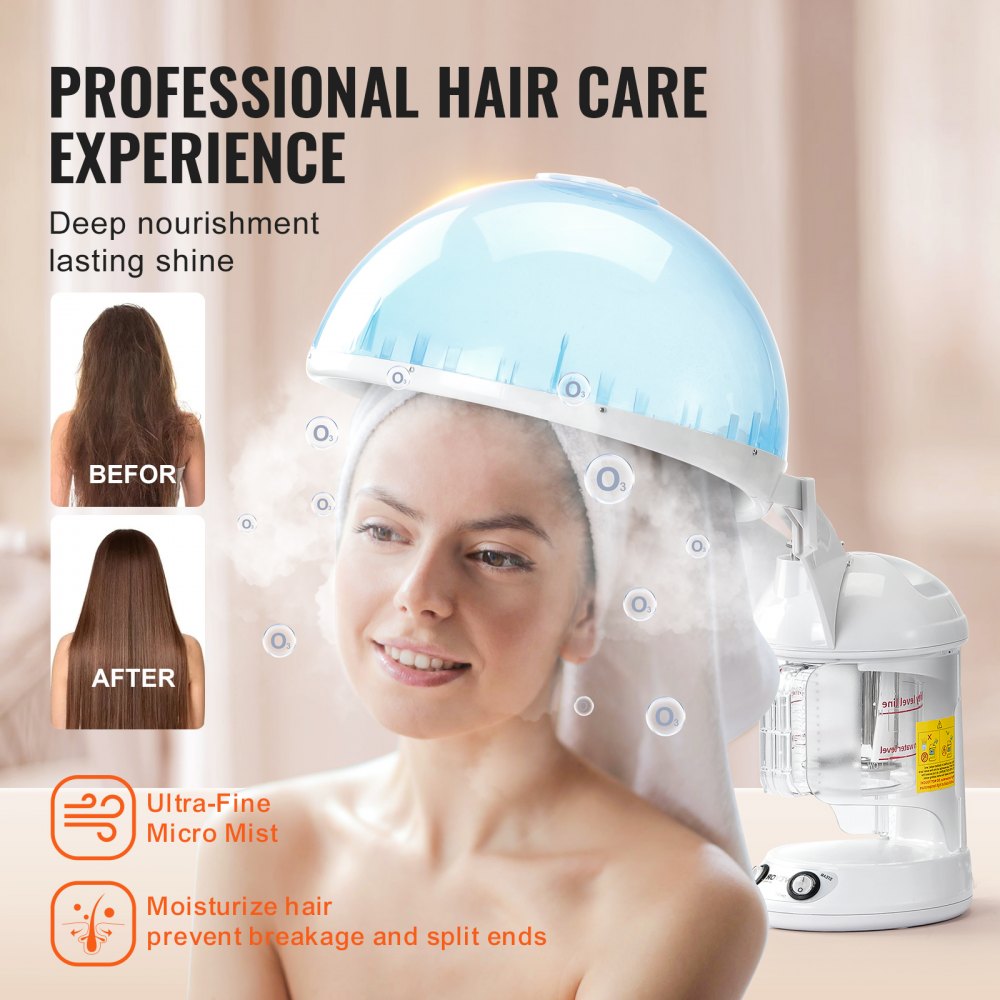 VEVOR Hair Steamer, 2-in-1 Professional Hair & Facial Steamer with Detachable Bonnet Hood, Nano Ionic & UV Ozone Face Steamer with 360° Rotatable Sprayer for Salon Spa Home Beauty