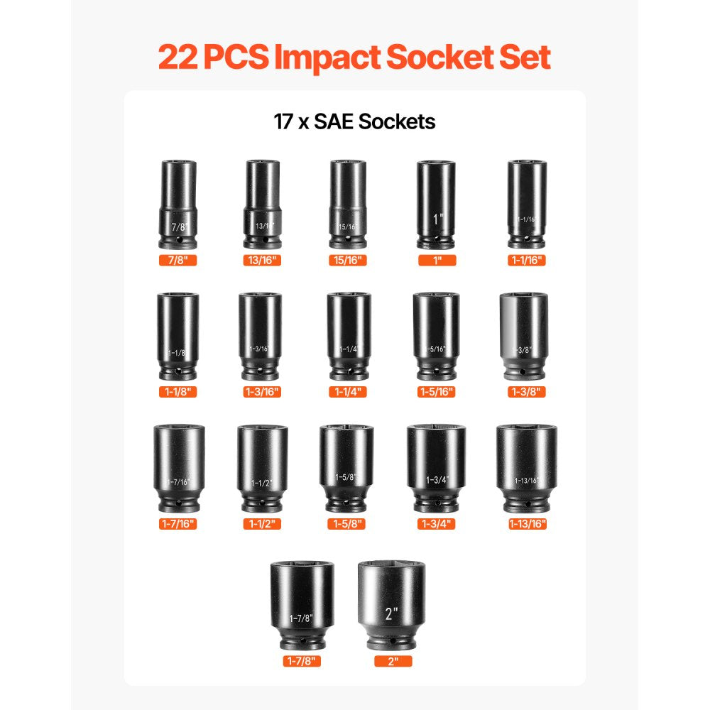 VEVOR Impact Socket Set 3/4 Inches 22 Piece Deep Impact Sockets, Socket Assortment 3/4 Inches Drive Socket Set Impact Standard SAE Sizes 7/8 Inches to 2 Inches Includes Adapters and Ratchet Handle