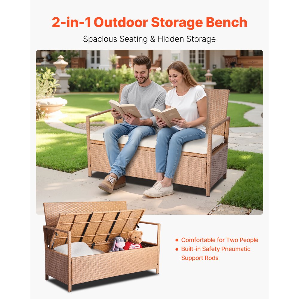 VEVOR Outdoor Storage Bench, 2-Person PE Rattan Storage Bench, 70 Gal Deck Box with Cushion, Supports up to 265 lbs, Weatherproof Outdoor Seating & Porch Decor for Patio Garden Balcony Yard