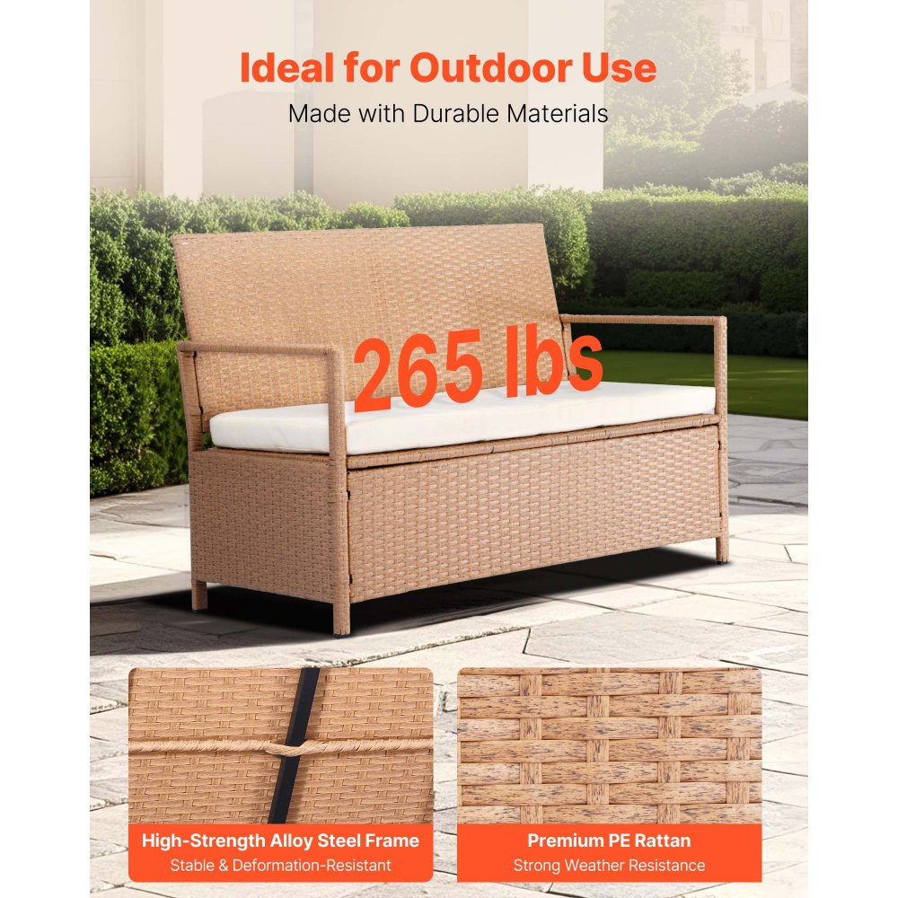 VEVOR Outdoor Storage Bench, 2-Person PE Rattan Storage Bench, 70 Gal Deck Box with Cushion, Supports up to 265 lbs, Weatherproof Outdoor Seating & Porch Decor for Patio Garden Balcony Yard