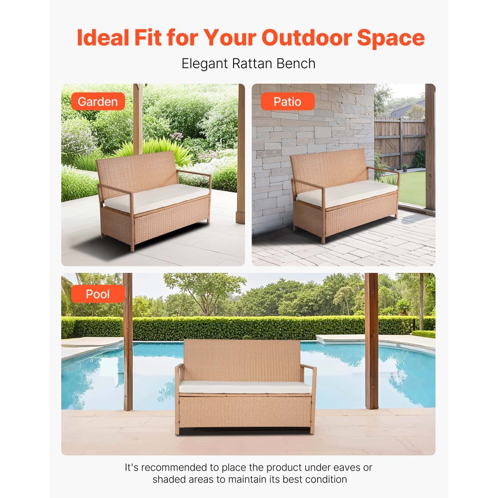 VEVOR Outdoor Storage Bench, 2-Person PE Rattan Storage Bench, 70 Gal Deck Box with Cushion, Supports up to 265 lbs, Weatherproof Outdoor Seating & Porch Decor for Patio Garden Balcony Yard