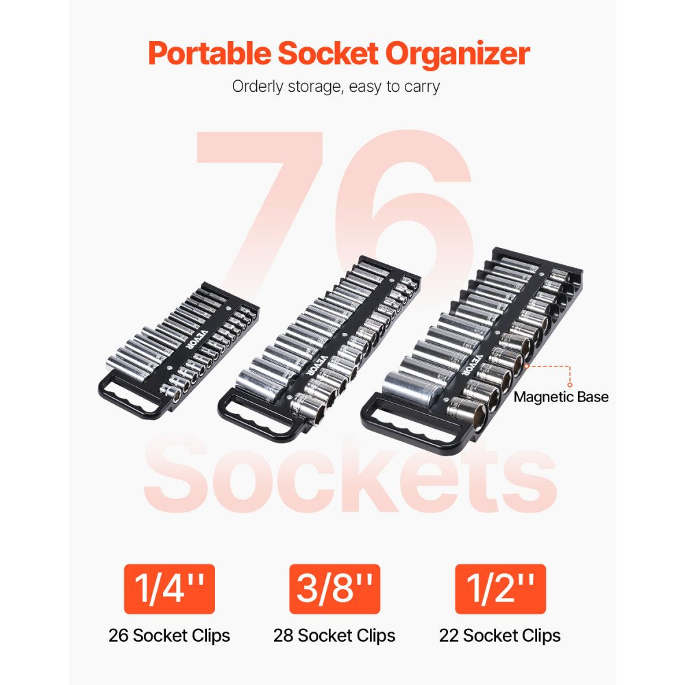 VEVOR Portable Socket Organizer Tray, 3-Piece Metric & SAE Socket Organizer Set, 1/4'', 3/8'' and 1/2'' Heavy-Duty Socket Holder with Handle & Magnetic Base for Tool Box Drawer, Hold up to 76 Sockets