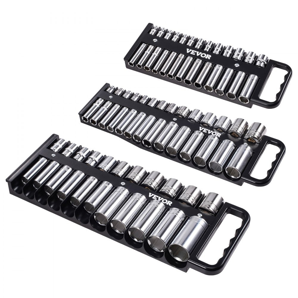 VEVOR Portable Socket Organizer Tray, 3-Piece Metric & SAE Socket Organizer Set, 1/4'', 3/8'' and 1/2'' Heavy-Duty Socket Holder with Handle & Magnetic Base for Tool Box Drawer, Hold up to 76 Sockets