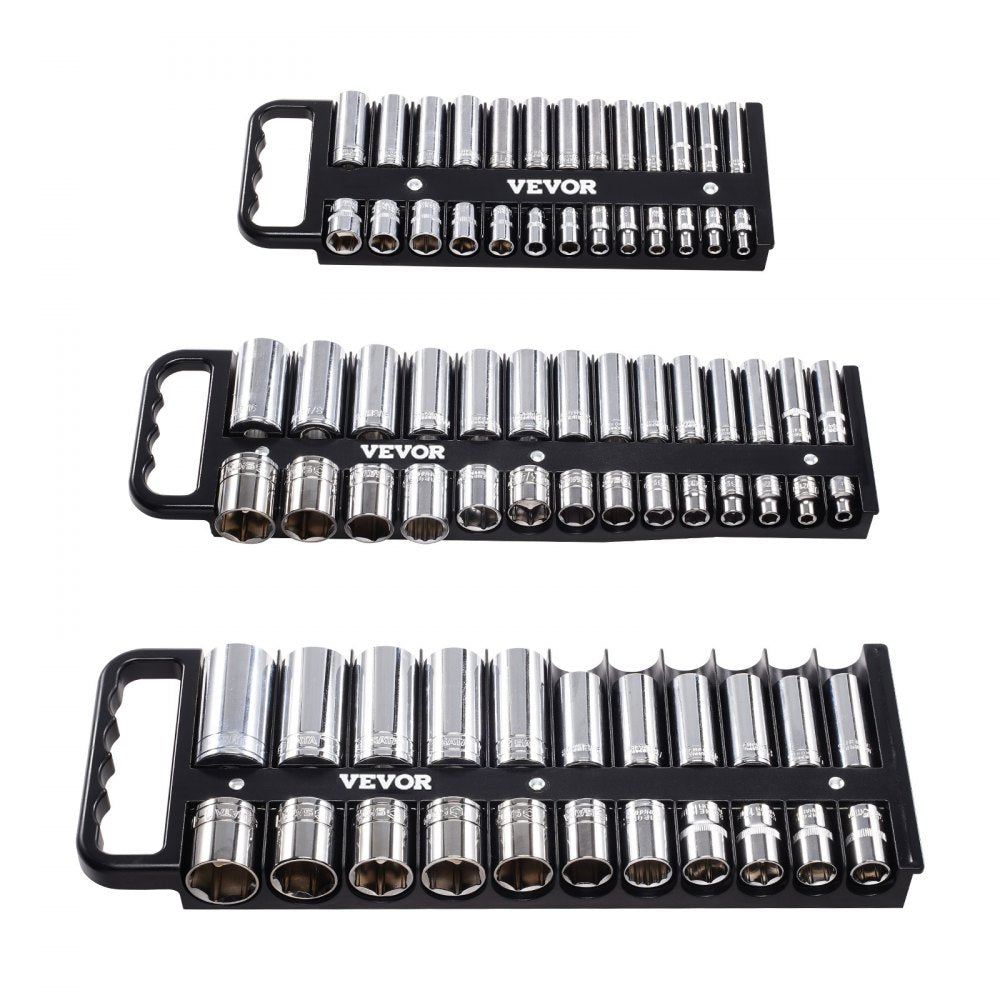 VEVOR Portable Socket Organizer Tray, 3-Piece Metric & SAE Socket Organizer Set, 1/4'', 3/8'' and 1/2'' Heavy-Duty Socket Holder with Handle & Magnetic Base for Tool Box Drawer, Hold up to 76 Sockets