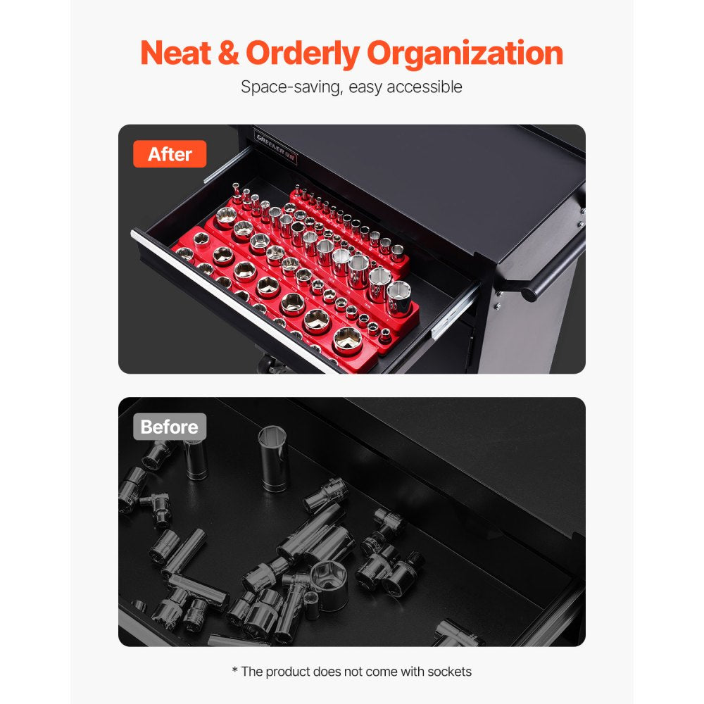 VEVOR Magnetic Socket Organizer Set, 3PCS Magnetic Socket Holder, 1/4'', 3/8'' & 1/2'' SAE Socket Trays with Clear Labels, Hold up to 68PCS Standard & Deep Sockets, Red (Sockets Not Included)