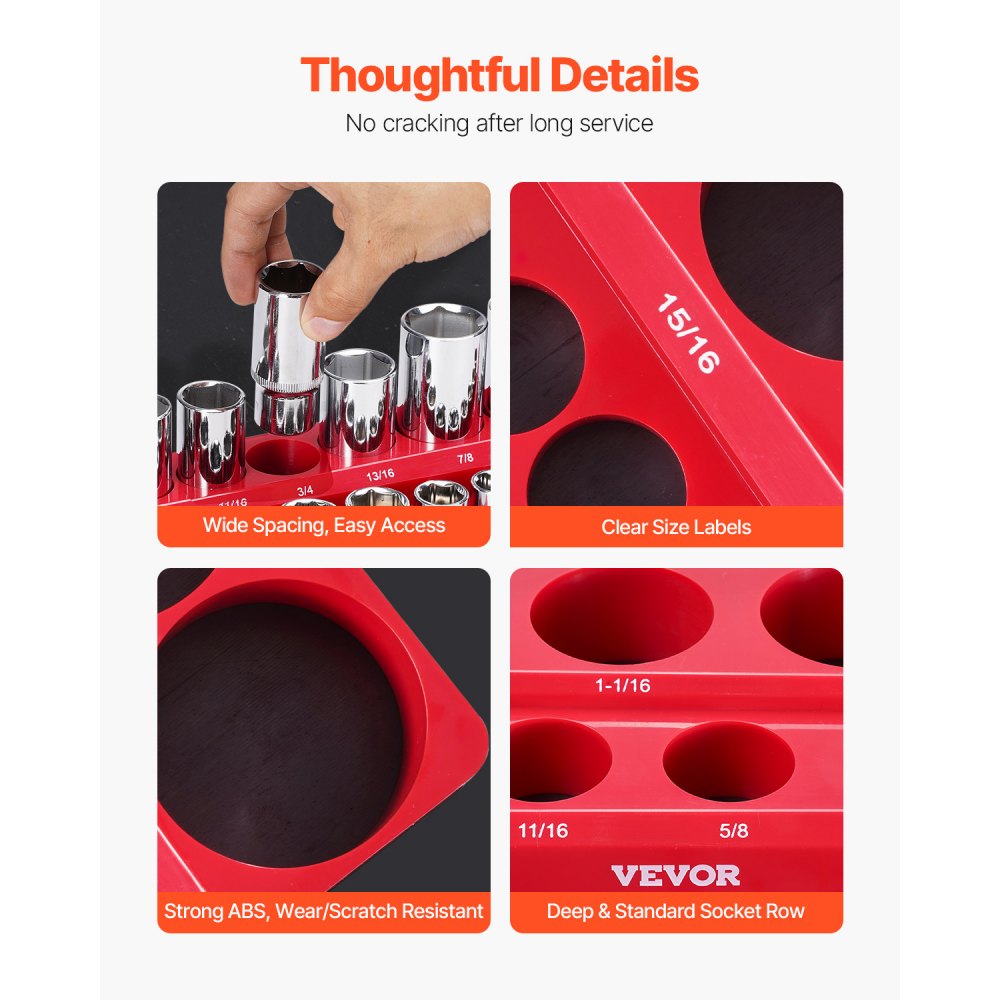 VEVOR Magnetic Socket Organizer Set, 3PCS Magnetic Socket Holder, 1/4'', 3/8'' & 1/2'' SAE Socket Trays with Clear Labels, Hold up to 68PCS Standard & Deep Sockets, Red (Sockets Not Included)
