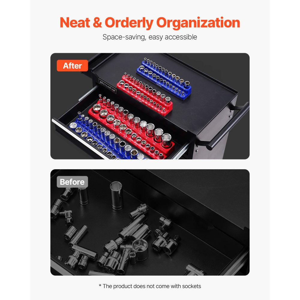 VEVOR Magnetic Socket Organizer Set, 4PCS Magnetic Socket Holder, 1/4'' & 3/8'' Metric SAE Socket Trays with Clear Labels, Hold up to 108PCS Standard & Deep Sockets, Blue & Red (Sockets Not Included)
