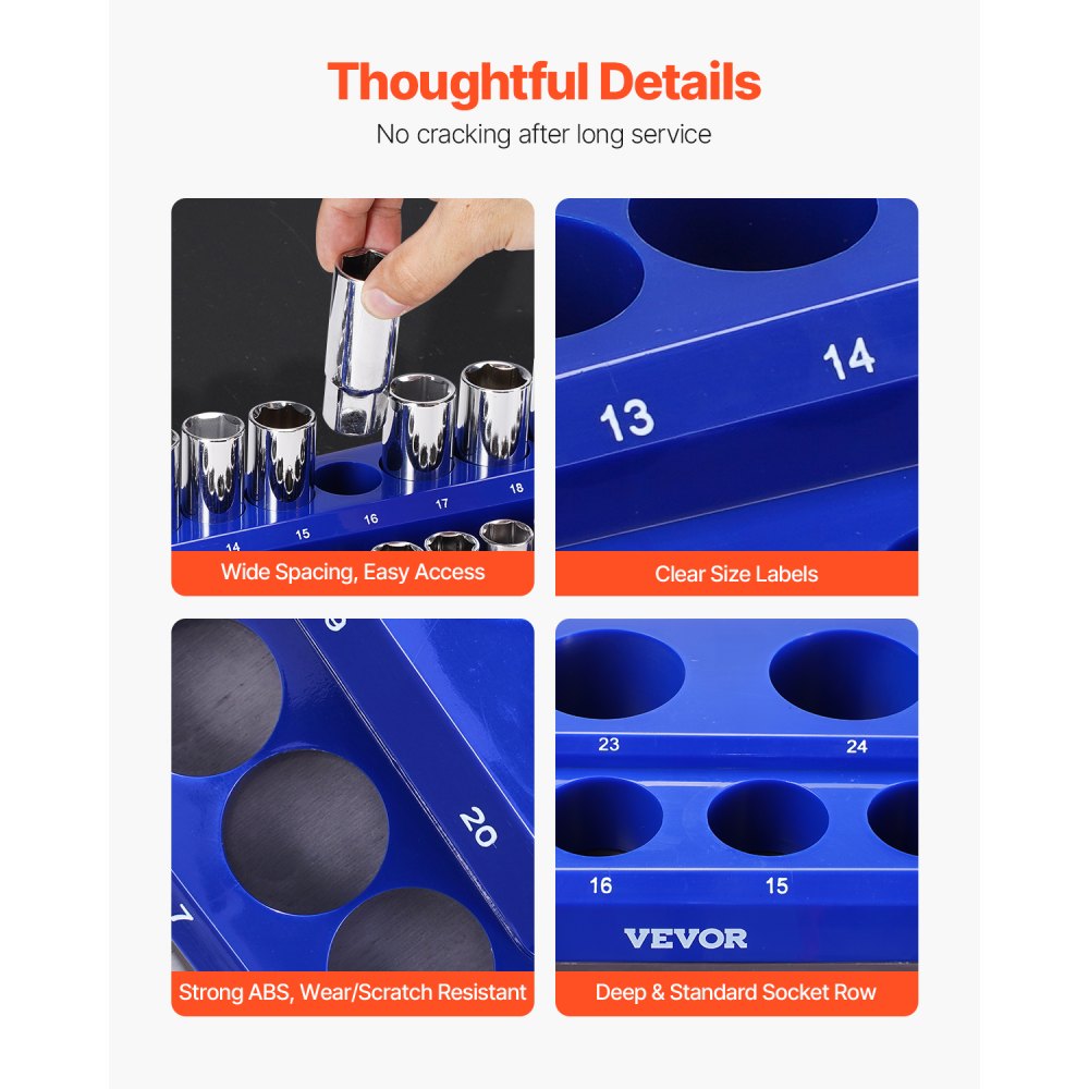 VEVOR Magnetic Socket Organizer Set, 4PCS Magnetic Socket Holder, 1/4'' & 3/8'' Metric SAE Socket Trays with Clear Labels, Hold up to 108PCS Standard & Deep Sockets, Blue & Red (Sockets Not Included)