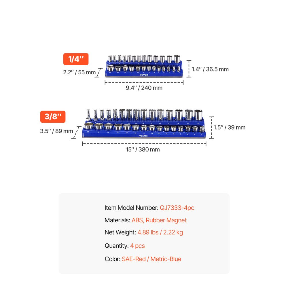 VEVOR Magnetic Socket Organizer Set, 4PCS Magnetic Socket Holder, 1/4'' & 3/8'' Metric SAE Socket Trays with Clear Labels, Hold up to 108PCS Standard & Deep Sockets, Blue & Red (Sockets Not Included)