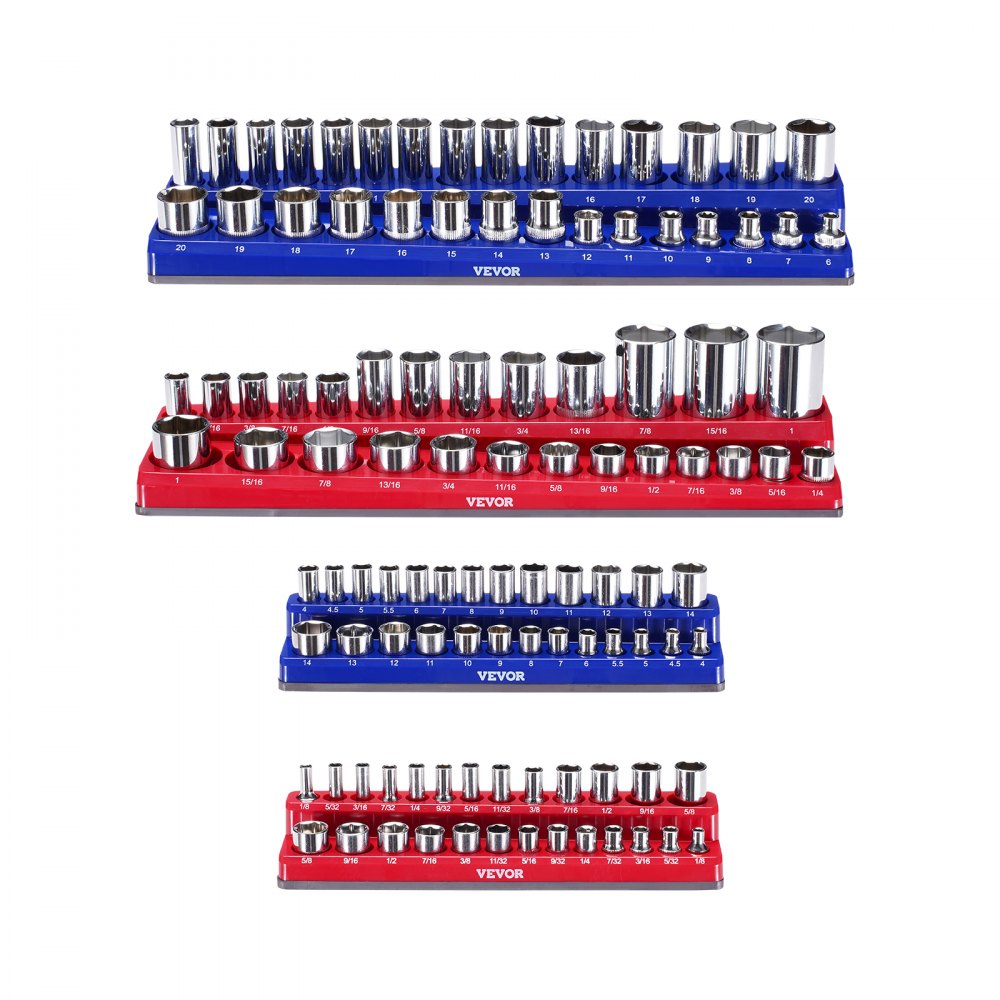 VEVOR Magnetic Socket Organizer Set, 4PCS Magnetic Socket Holder, 1/4'' & 3/8'' Metric SAE Socket Trays with Clear Labels, Hold up to 108PCS Standard & Deep Sockets, Blue & Red (Sockets Not Included)
