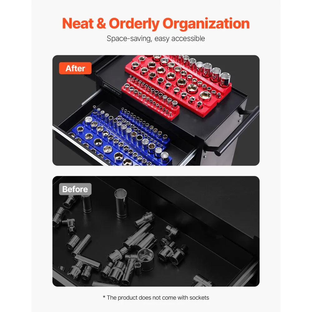 VEVOR Magnetic Socket Organizer Set, 6PCS Socket Holder, 1/4'', 3/8'' & 1/2'' Metric SAE Socket Trays with Clear Labels, Hold up to 143PCS Standard & Deep Sockets, Blue & Red (Sockets Not Included)