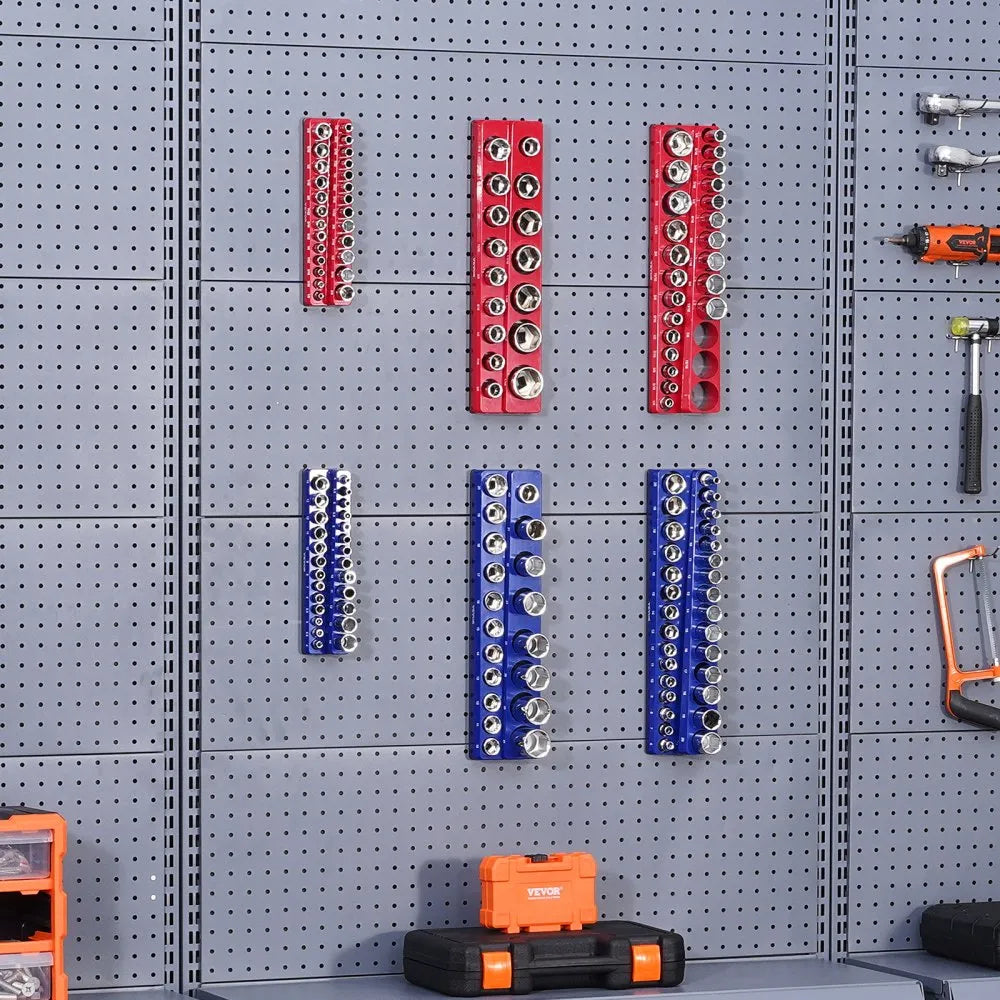 VEVOR Magnetic Socket Organizer Set, 6PCS Socket Holder, 1/4'', 3/8'' & 1/2'' Metric SAE Socket Trays with Clear Labels, Hold up to 143PCS Standard & Deep Sockets, Blue & Red (Sockets Not Included)