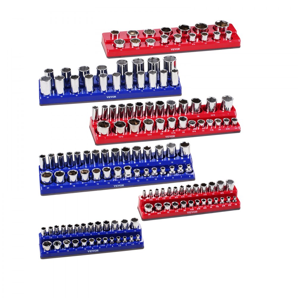 VEVOR Magnetic Socket Organizer Set, 6PCS Socket Holder, 1/4'', 3/8'' & 1/2'' Metric SAE Socket Trays with Clear Labels, Hold up to 143PCS Standard & Deep Sockets, Blue & Red (Sockets Not Included)