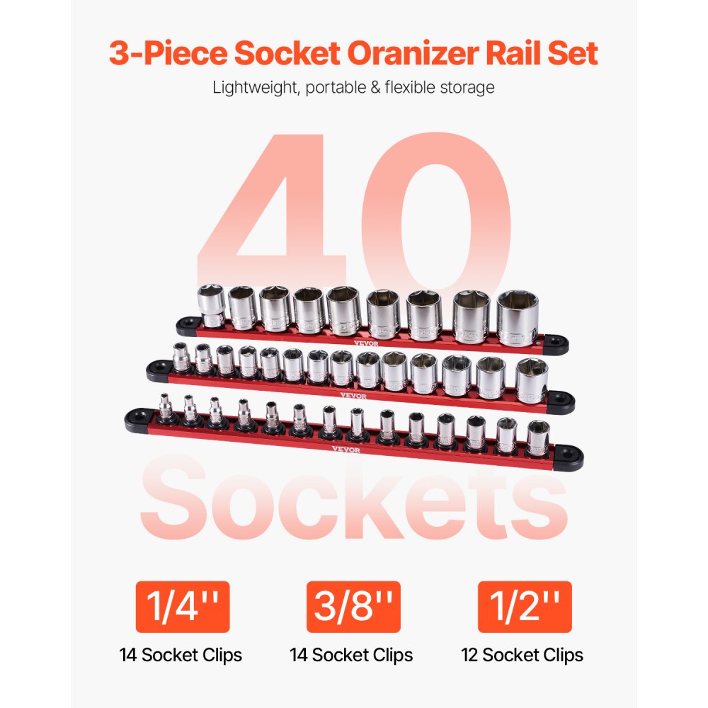 VEVOR Socket Organizer Rail Set, 3PCS Metric & SAE Aluminum Socket Organizers, 1/4'', 3/8'' & 1/2'' Heavy-Duty Socket Holder with 360° Rotating Clips for Tool Box, Hold up to 40 Sockets, Red & Black