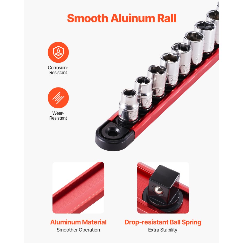 VEVOR Socket Organizer Rail Set, 3PCS Metric & SAE Aluminum Socket Organizers, 1/4'', 3/8'' & 1/2'' Heavy-Duty Socket Holder with 360° Rotating Clips for Tool Box, Hold up to 40 Sockets, Red & Black
