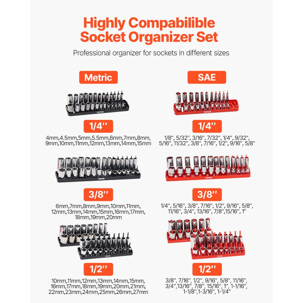 VEVOR Socket Organizer Set, 8PCS High-Rod Socket Holder, 1/4'', 3/8'' & 1/2'' Metric SAE Socket Trays with Clear Labels, Hold up to 176PCS Standard & Deep Sockets, Black & Red (Socket Not Included)
