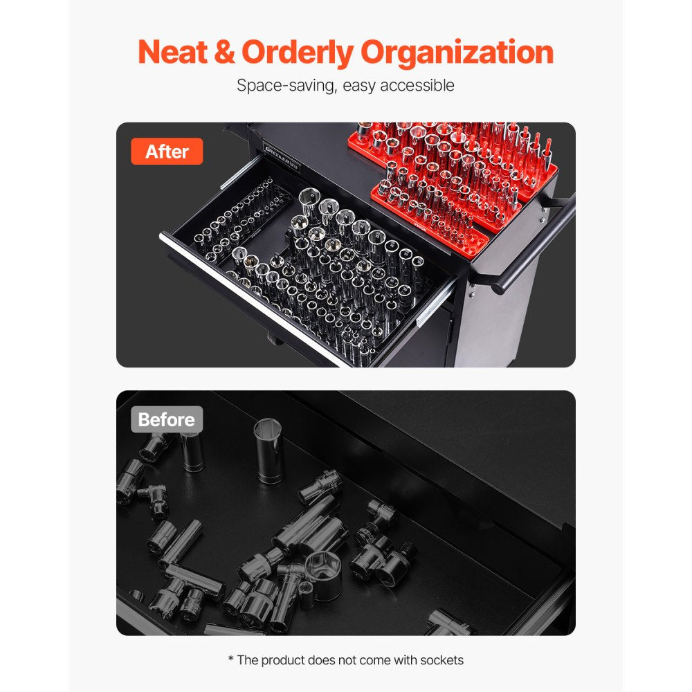 VEVOR Socket Organizer Set, 8PCS High-Rod Socket Holder, 1/4'', 3/8'' & 1/2'' Metric SAE Socket Trays with Clear Labels, Hold up to 176PCS Standard & Deep Sockets, Black & Red (Socket Not Included)