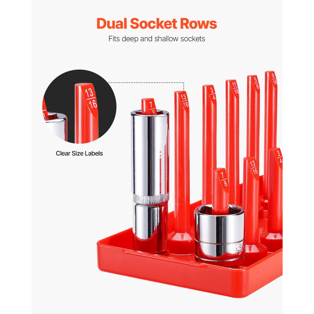 VEVOR Socket Organizer Set, 8PCS High-Rod Socket Holder, 1/4'', 3/8'' & 1/2'' Metric SAE Socket Trays with Clear Labels, Hold up to 176PCS Standard & Deep Sockets, Black & Red (Socket Not Included)