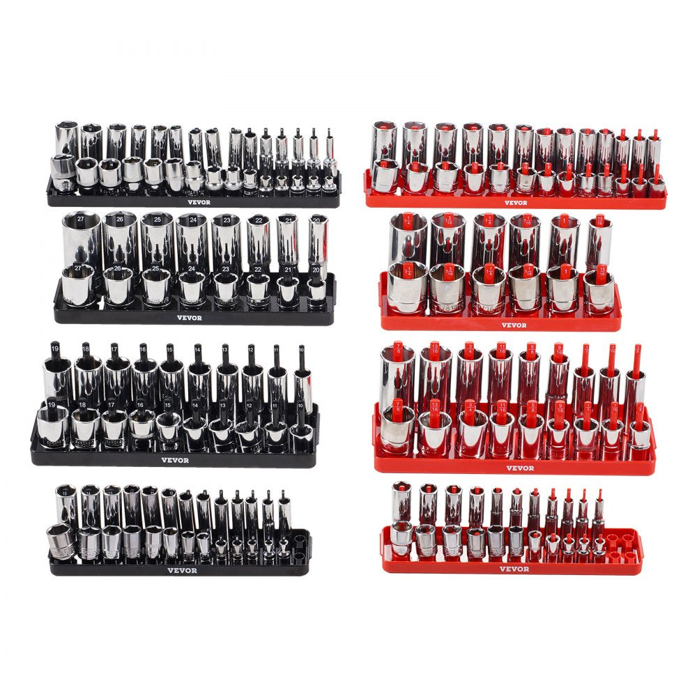 VEVOR Socket Organizer Set, 8PCS High-Rod Socket Holder, 1/4'', 3/8'' & 1/2'' Metric SAE Socket Trays with Clear Labels, Hold up to 176PCS Standard & Deep Sockets, Black & Red (Socket Not Included)