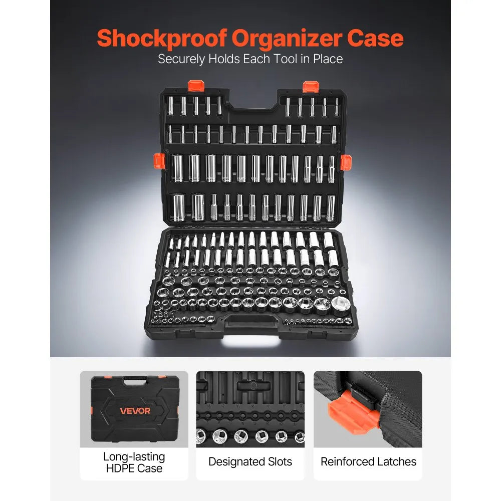 VEVOR Socket Set, 163 Pieces, 3/8 & 1/4 & 1/2 inch Drive Socket Tool Set, SAE and Metric, Deep and Standard, Mechanic Tool Kit with Storage Case, Chrome Plated CR-V Alloy Steel, for Automotive Repair