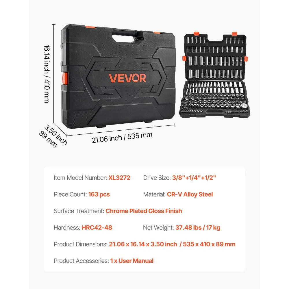 VEVOR Socket Set, 163 Pieces, 3/8 & 1/4 & 1/2 inch Drive Socket Tool Set, SAE and Metric, Deep and Standard, Mechanic Tool Kit with Storage Case, Chrome Plated CR-V Alloy Steel, for Automotive Repair