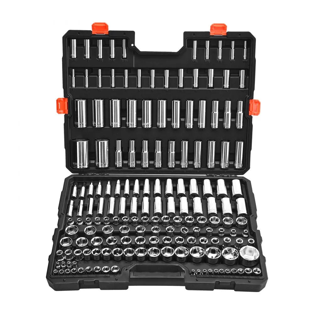 VEVOR Socket Set, 163 Pieces, 3/8 & 1/4 & 1/2 inch Drive Socket Tool Set, SAE and Metric, Deep and Standard, Mechanic Tool Kit with Storage Case, Chrome Plated CR-V Alloy Steel, for Automotive Repair