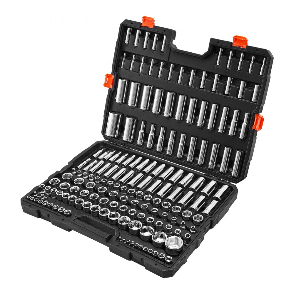 VEVOR Socket Set, 163 Pieces, 3/8 & 1/4 & 1/2 inch Drive Socket Tool Set, SAE and Metric, Deep and Standard, Mechanic Tool Kit with Storage Case, Chrome Plated CR-V Alloy Steel, for Automotive Repair