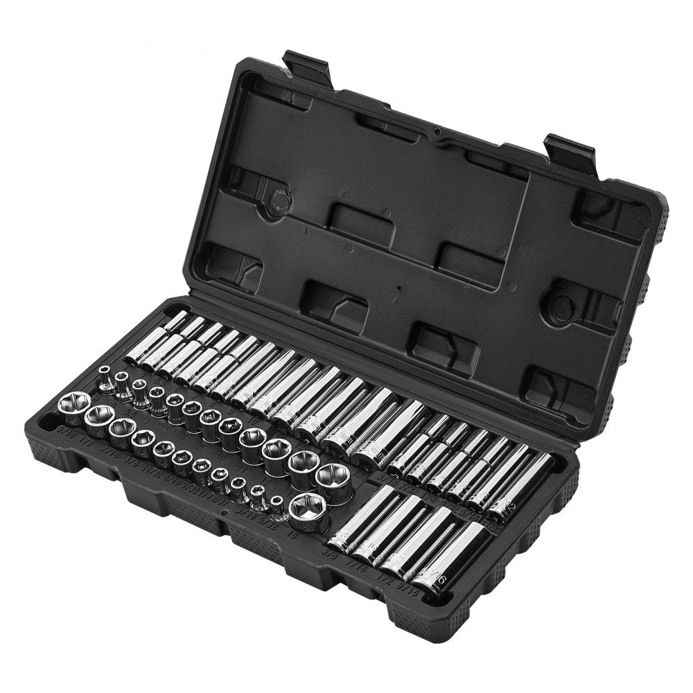 VEVOR Socket Set, 46 Pieces, 1/4 inch Drive Socket Tool Set, SAE and Metric Size, Deep and Standard, Mechanic Tool Kit with Storage Case, Chrome Plated CR-V Alloy Steel, for Automotive Repair