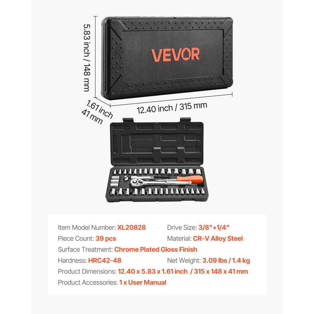VEVOR Socket Set, 39 Pieces, 3/8 & 1/4 inch Drive Socket and Ratchet Set, SAE and Metric Size, Mechanic Tool Kit with Ratchet Wrench, Accessories, Storage Case, CR-V Alloy Steel, for Automotive Repair