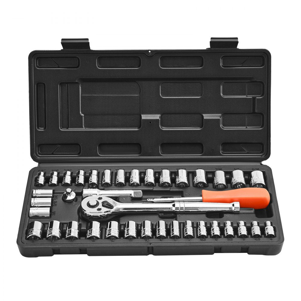 VEVOR Socket Set, 39 Pieces, 3/8 & 1/4 inch Drive Socket and Ratchet Set, SAE and Metric Size, Mechanic Tool Kit with Ratchet Wrench, Accessories, Storage Case, CR-V Alloy Steel, for Automotive Repair