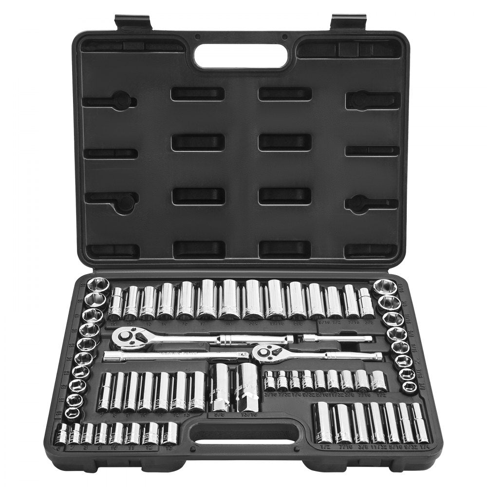 VEVOR Socket Set, 69 Pieces, 3/8 & 1/4 inch Drive Socket and Ratchet Set, SAE and Metric, Deep and Standard, Mechanic Tool Kit with Accessories and Storage Case, CR-V Alloy Steel, for Auto Repair